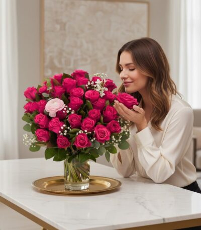 Mujer joven y elegante oliendo un arreglo floral NARCISA de 36 rosas fucsia vibrantes con toques de paniculata y ranúnculo, s