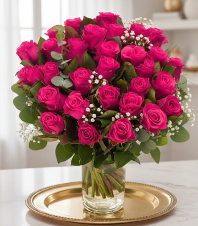 Arreglo floral NARCISA con 36 rosas fucsia vibrantes, hojas verdes y pequeñas flores blancas en un jarrón de cristal sobre un