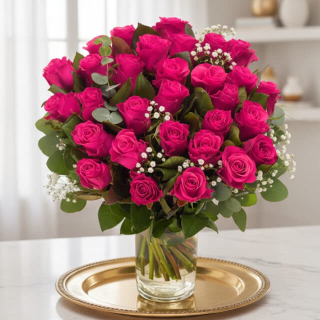 Arreglo floral NARCISA con 36 rosas fucsia vibrantes, hojas verdes y pequeñas flores blancas en un jarrón de cristal sobre un