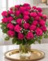 Arreglo floral NARCISA con 36 rosas fucsia vibrantes, hojas verdes y pequeñas flores blancas en un jarrón de cristal sobre un