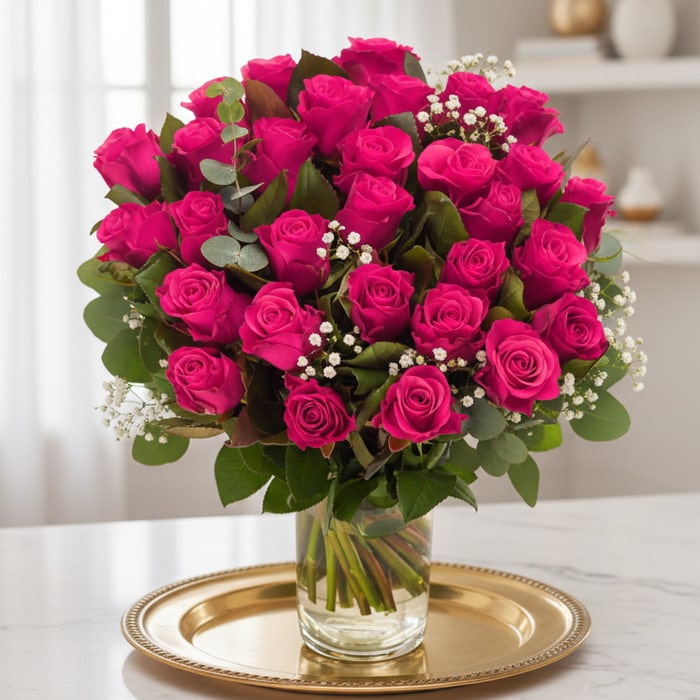 Arreglo floral NARCISA con 36 rosas fucsia vibrantes, hojas verdes y pequeñas flores blancas en un jarrón de cristal sobre un