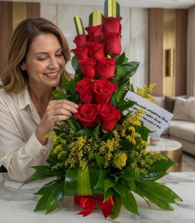 Mujer elegante sonriendo y admirando un arreglo floral de rosas rojas y flores amarillas, con un lazo rojo y una tarjeta, en