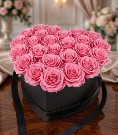 Arreglo Floral Perla con 24 rosas rosadas vibrantes en una caja negra en forma de corazón, sobre una mesa de madera pulida en