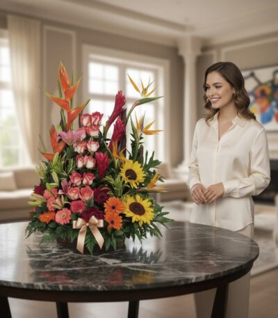 Mujer elegante admira el Arreglo Floral PIA con rosas, girasoles, aves del paraíso y jengibre rojo en una mesa de mármol, fon