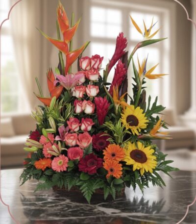Arreglo floral PIA con rosas rosadas, girasoles, aves del paraíso y flores exóticas en un fondo elegante y luminoso.