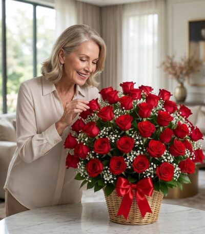 Mujer elegante de mediana edad admirando un gran arreglo floral de rosas rojas en una cesta con un lazo rojo, en un lujoso in