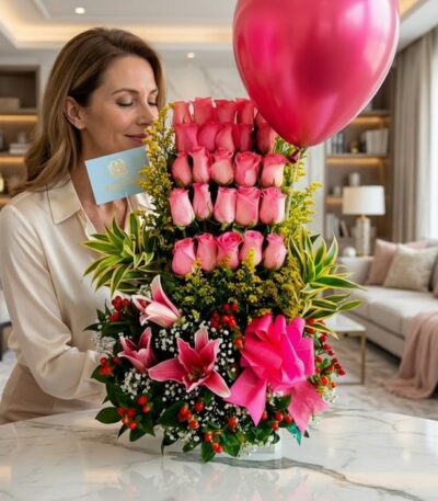 Mujer elegante admirando el Arreglo Floral Quiero que Sepas con rosas rosadas, lirios y follaje, sosteniendo una tarjeta de f