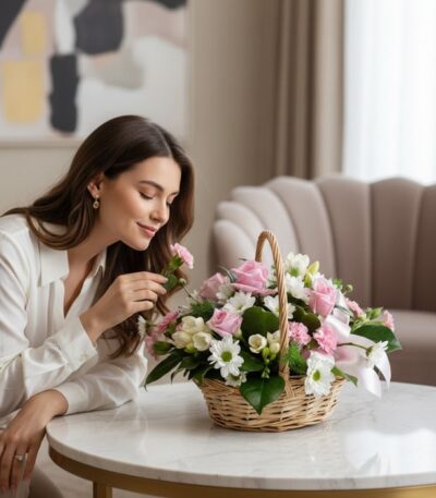 Mujer joven admirando y oliendo delicadamente una flor de un arreglo floral RACHELE en una cesta de mimbre con rosas rosadas,