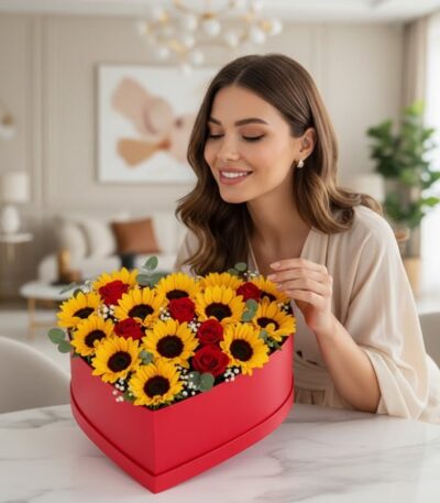 Mujer joven sonriente admirando un arreglo floral en forma de corazón con girasoles y rosas rojas, sobre una mesa de mármol e