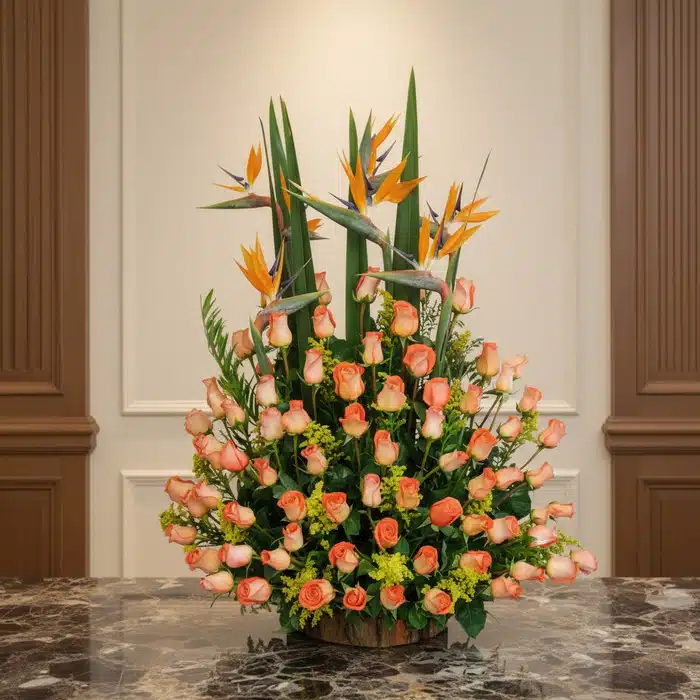 Arreglo Floral Más Rosas: Elegancia con Aves del Paraíso Arreglo floral grande con rosas color salmón y aves del paraíso, sobre una mesa de mármol en un entorno elegante de hotel bou