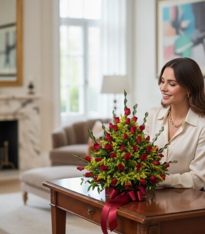 Mujer elegante admirando un Arreglo Floral con Rosas Cupido en un lujoso interior de hogar con luz natural suave y fondo dese
