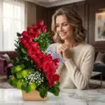 Mujer elegante de mediana edad admirando con deleite un arreglo floral de rosas rojas en espiral, con un moño y tarjeta, sobr