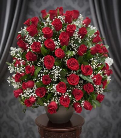 Impresionante arreglo floral de rosas rojas frescas y gypsophila en un jarrón gris sobre una mesa de madera, con un fondo ele