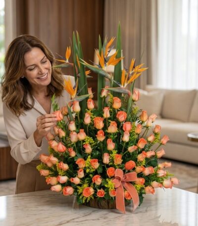Mujer de mediana edad, elegante y sonriente, admira un gran arreglo floral de rosas durazno y aves del paraíso en un lujoso s