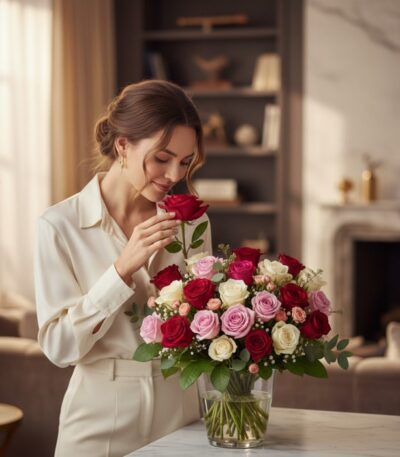 Mujer elegante admirando y oliendo un Arreglo Floral LUCREZIA con 30 rosas rojas, rosadas y blancas en un jarrón de cristal,