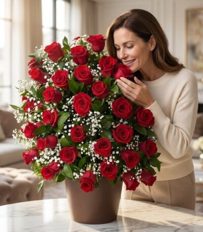 Mujer elegante admirando y oliendo un gran arreglo floral de rosas rojas frescas y follaje blanco en un lujoso interior de ho
