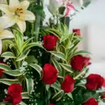 Primer plano extremo de un arreglo floral 'Siempre Juntos' con lirios blancos, rosas rojas frescas y follaje verde, destacand
