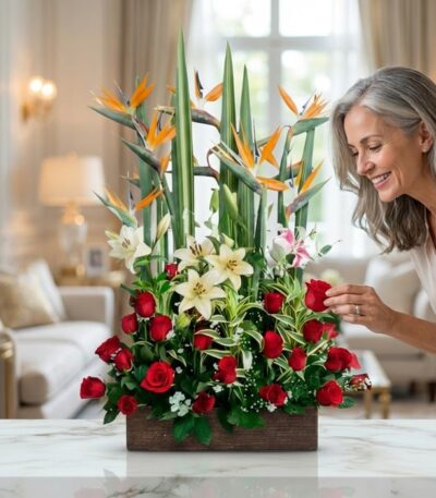 Mujer de mediana edad con cabello gris sonriendo y admirando un arreglo floral grande y vibrante con rosas rojas, lirios blan