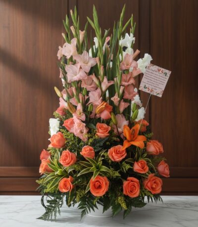 Arreglo floral Suspiro con gladiolos rosados y blancos, rosas naranjas y lirios, sobre una superficie de mármol en un entorno