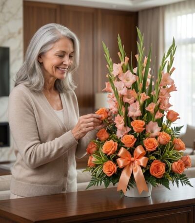 Mujer de cabello plateado admirando y tocando delicadamente una rosa naranja en un Arreglo Floral Suspiro, en un lujoso inter