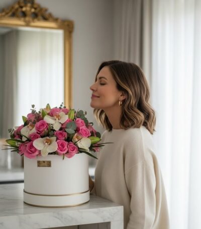 Mujer joven y elegante oliendo con deleite un arreglo floral en caja blanca con rosas rosadas y orquídeas blancas, en un inte