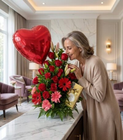 Mujer elegante de mediana edad oliendo un arreglo floral "Te Amo" con rosas rojas, gerberas rosadas, lirios y un globo de cor