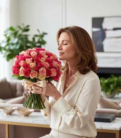 Mujer elegante admirando y oliendo un espectacular ramo de 60 rosas fucsia y rosadas en un lujoso hogar.
