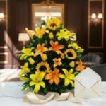 Arreglo floral tropical vibrante con lirios amarillos y naranjas, girasoles y follaje verde, sobre una mesa de mármol en un e