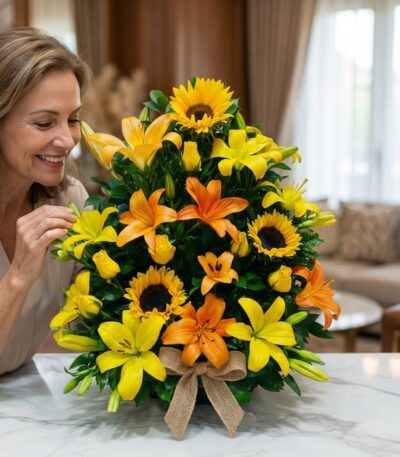 Mujer sonriente admirando de cerca un vibrante arreglo floral tropical con girasoles, lirios amarillos y naranjas, y un moño