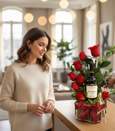 Mujer elegante admira el Arreglo Floral Verita con rosas rojas y vino, un regalo apasionado en un hogar de lujo.