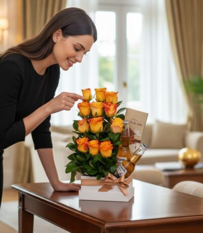 Mujer elegante admirando el Arreglo Floral Zeus con rosas amarillas y cervezas, en un lujoso interior de hogar.
