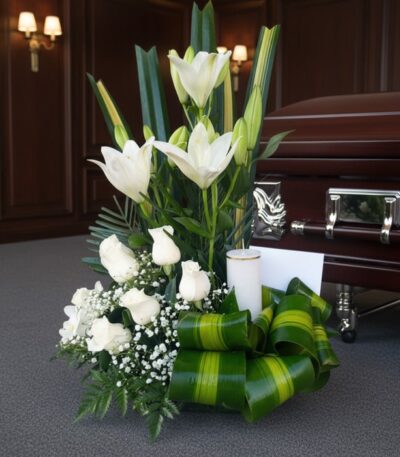Arreglo floral fúnebre Claridad con lilas y rosas blancas, follaje verde, vela y tarjeta, junto a un ataúd en sala de velació