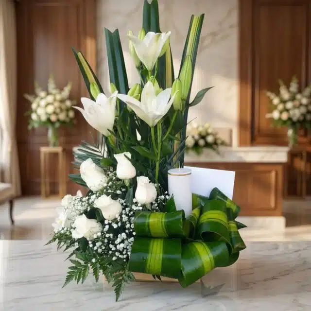 Arreglo fúnebre Claridad con lirios y rosas blancas, vela, follaje verde, en primer plano con fondo de sala de velación premi