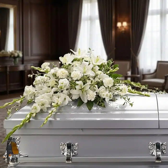 Elegante Arreglo Fúnebre Cubre Caja Asunción con Lirios Blancos Arreglo fúnebre cubre caja Asunción con lirios blancos, claveles y follaje verde sobre un ataúd gris en una sala de velación
