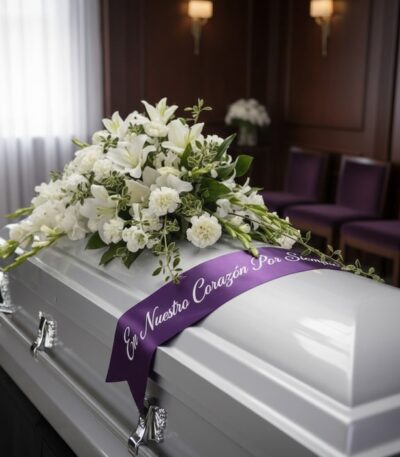 Arreglo floral cubre caja Asunción con lirios y claveles blancos, cinta morada con mensaje 'En Nuestro Corazón Por Siempre' e