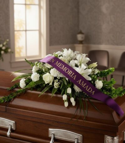 Arreglo fúnebre cubre caja Bondad con lirios blancos, rosas y follaje verde, adornado con una cinta morada que dice 'EN MEMOR