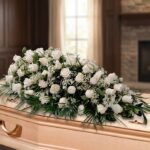 Arreglo fúnebre cubre caja con rosas blancas y follaje verde, sobre un ataúd de madera clara en una sala de velación premium