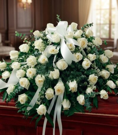 Arreglo fúnebre cubre caja Misericordia con rosas blancas frescas y follaje verde, presentado en una sala de velación premium