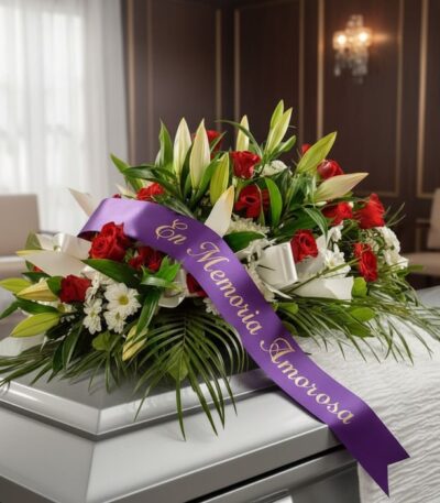 Arreglo floral fúnebre cubre caja Paraíso con rosas rojas, lirios blancos y follaje verde, adornado con una cinta morada que