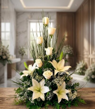 Arreglo fúnebre 'Descanso Eterno' con lirios y rosas blancas, follaje verde, en sala de velación premium con luz natural suav