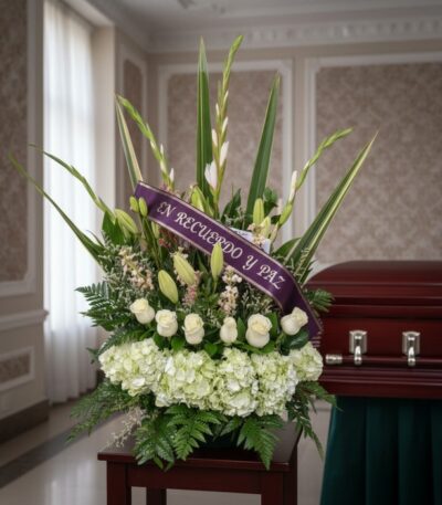 Arreglo floral fúnebre "Eterno Descanso" con rosas blancas, lirios y gladiolos, cinta morada "En Recuerdo y Paz", en sala de