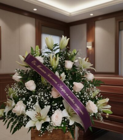 Arreglo floral fúnebre 'Infinito' con rosas blancas, lirios y gypsophila, cinta morada con mensaje de condolencia, en una sal