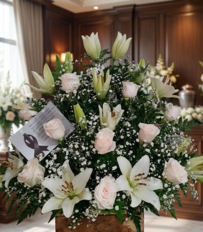 Arreglo fúnebre Infinito con lirios blancos y rosas pálidas, presentado en una sala de velación premium con luz natural suave