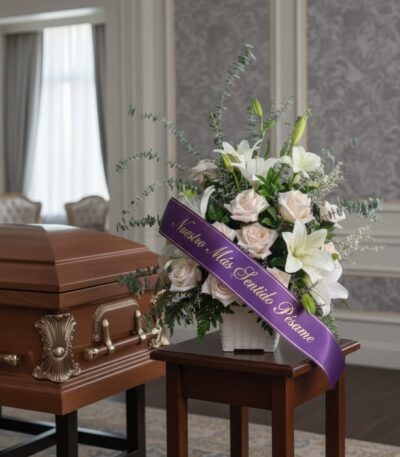 Arreglo floral fúnebre inmortal con rosas blancas, lirios y eucalipto, adornado con una cinta morada que dice 'Nuestro Más Se