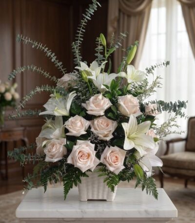 Arreglo fúnebre Inmortal con rosas pálidas, lirios blancos y eucalipto en una sala de velación premium, con luz natural suave