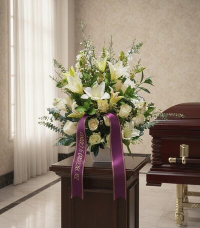 Arreglo floral fúnebre perpetuo con lirios blancos, rosas y follaje verde, adornado con una cinta morada que dice 'EN RECUERD