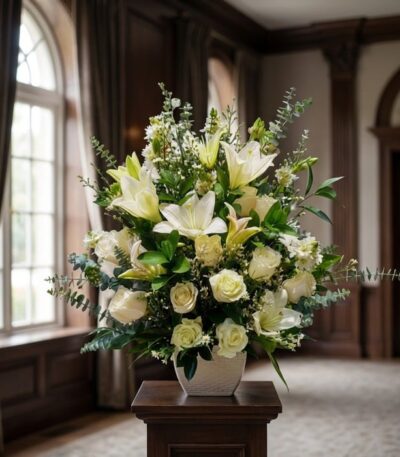 Arreglo fúnebre perpetuo con lirios blancos, rosas blancas y follaje verde, presentado en una sala de velación premium con lu