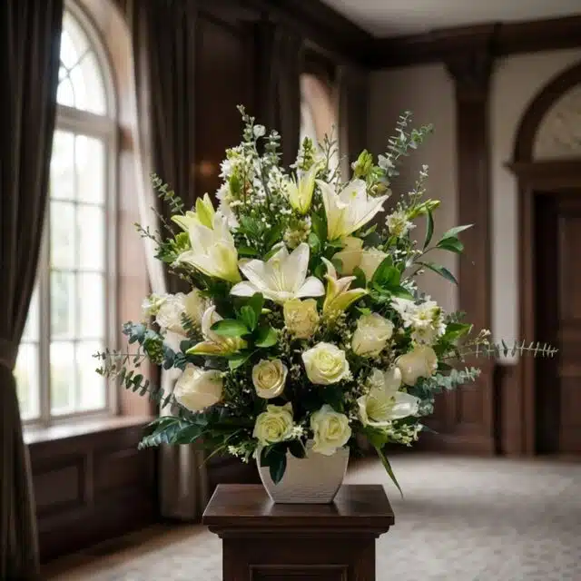 Arreglo fúnebre perpetuo con lirios blancos, rosas blancas y follaje verde, presentado en una sala de velación premium con lu
