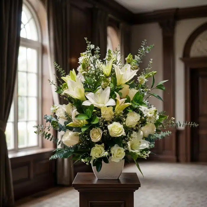 Arreglo Fúnebre Perpetuo: Lirios y Rosas Blancas para Homenaje Arreglo fúnebre perpetuo con lirios blancos, rosas blancas y follaje verde, presentado en una sala de velación premium con lu