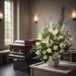 Arreglo floral fúnebre Perpetuo con lirios y rosas blancas en sala de velación moderna, ataúd de madera desenfocado al fondo.